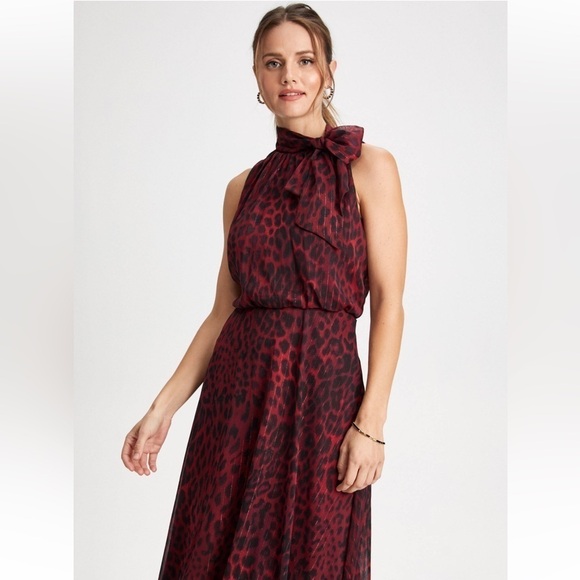 LONDON TIMES Burgundy Animal Print Sleeveless Neck Tie Maxi Dress - Picture 2 of 15